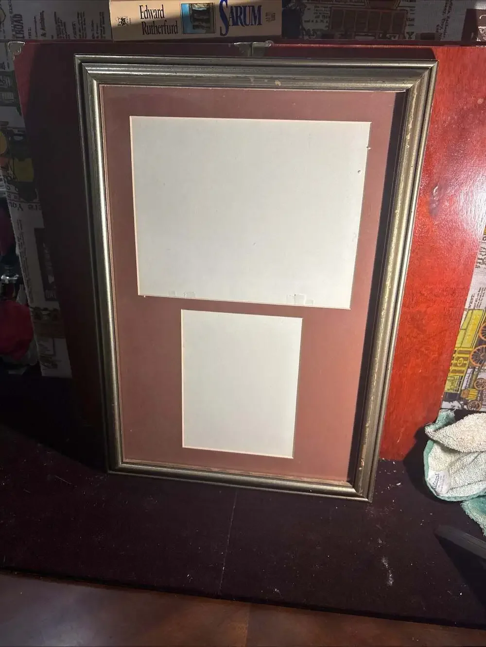 Vintage Double Opening Picture Frame with Brown Matting and Gold Trim